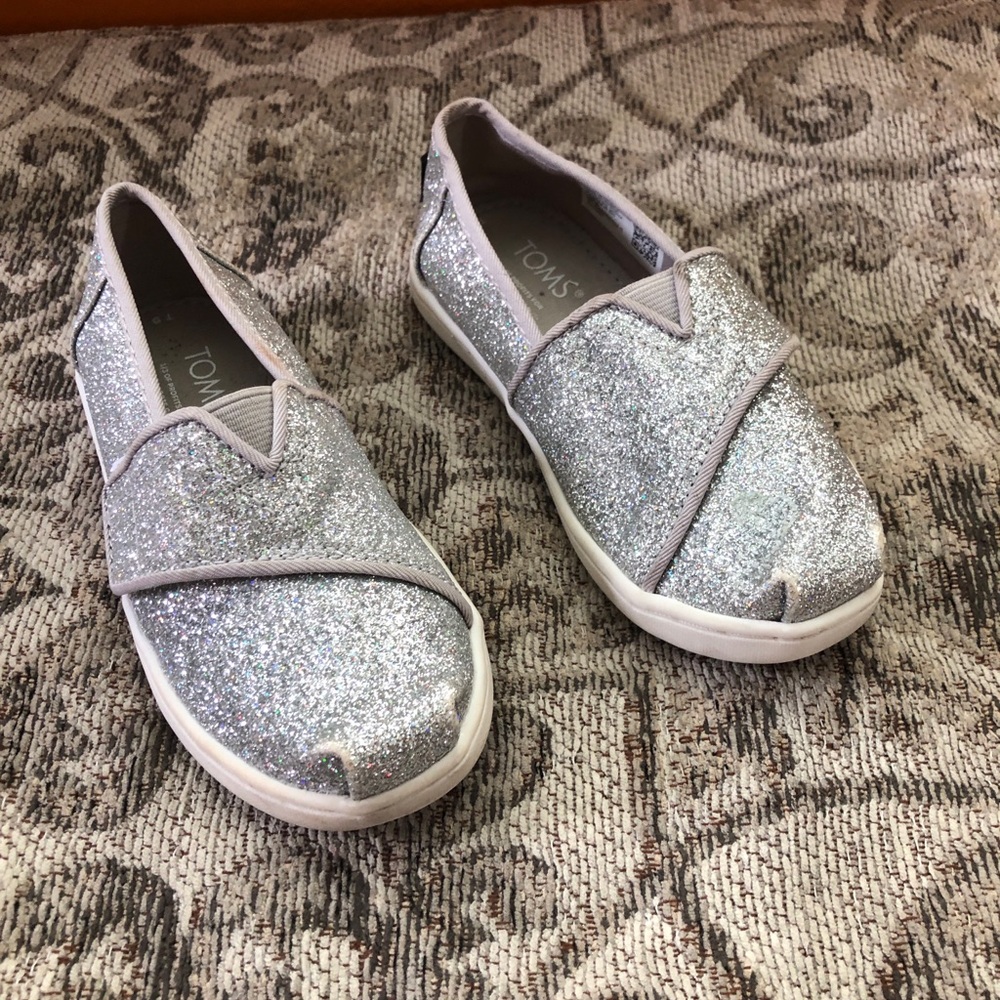 Toms Kids Silver Glitter Slip On Sneakers
